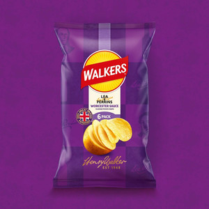 Walkers Lea and Perrins Worcester Sauce Crisps, 6 x 25g, pack shot 3, available at crisps.biz