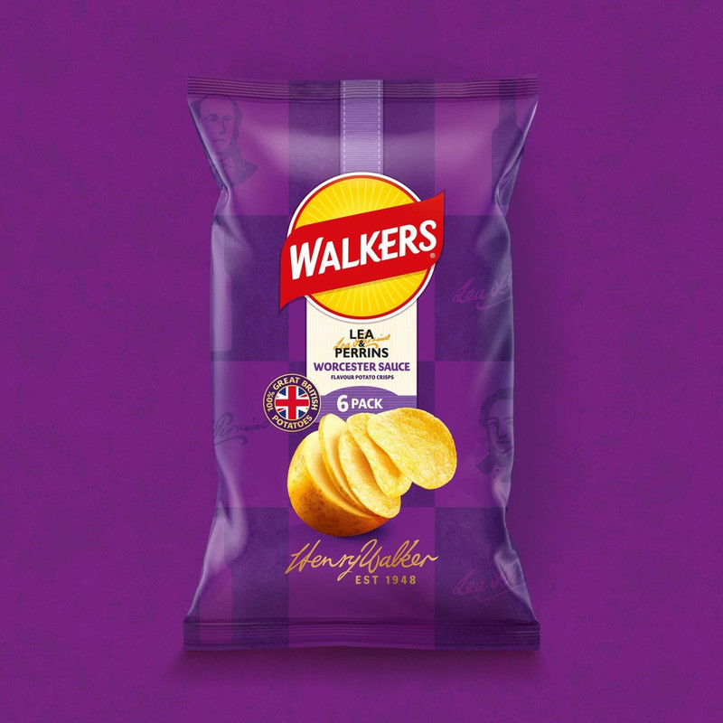 Walkers Lea and Perrins Worcester Sauce Crisps, 6 x 25g, pack shot 3, available at crisps.biz