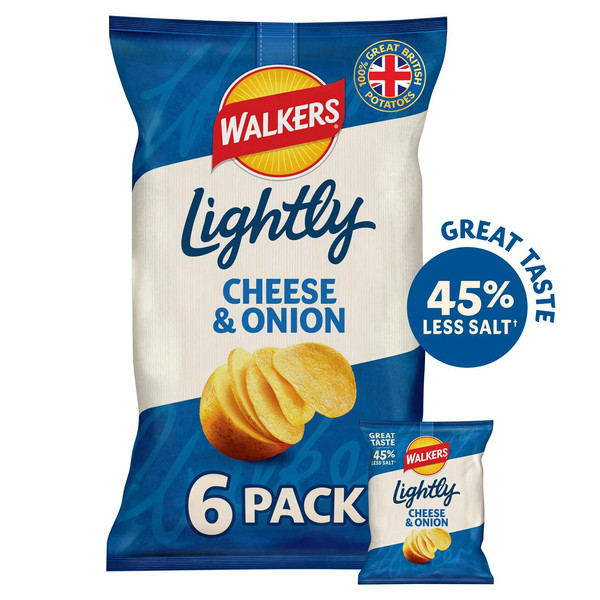 Walkers Lightly Cheese and Onion Crisps, 6 x 25g, front of pack, available at crisps.biz