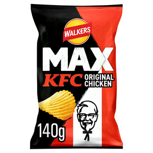 Walkers Max KFC Original Chicken Ridged Crisps, 140g, front of pack, available at crisps.biz