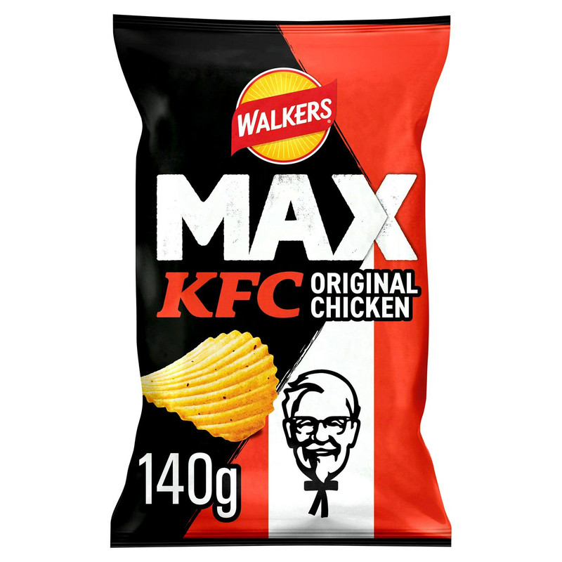 Walkers Max KFC Original Chicken Ridged Crisps, 140g, front of pack, available at crisps.biz