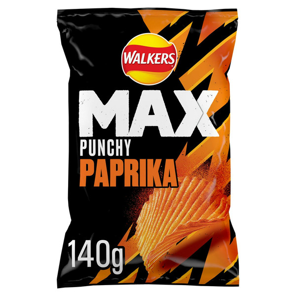 Walkers Max Punchy Paprika Crisps, 140g, front of pack, available at crisps.biz