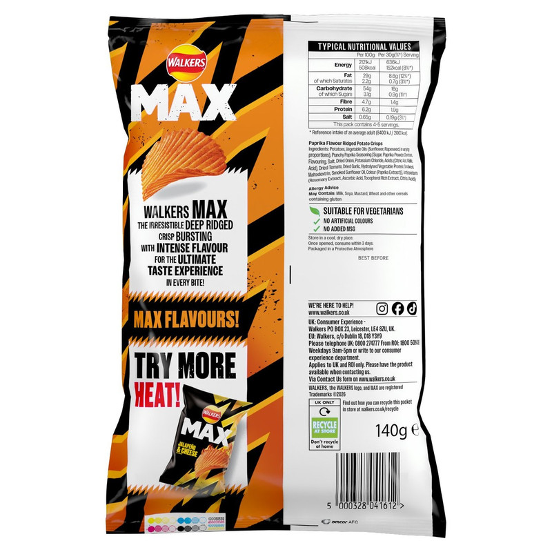 Walkers Max Punchy Paprika Crisps, 140g, pack shot 2, available at crisps.biz