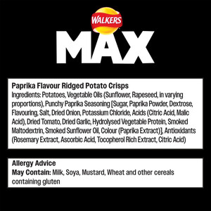 Walkers Max Punchy Paprika Crisps, 140g, pack shot 4, available at crisps.biz