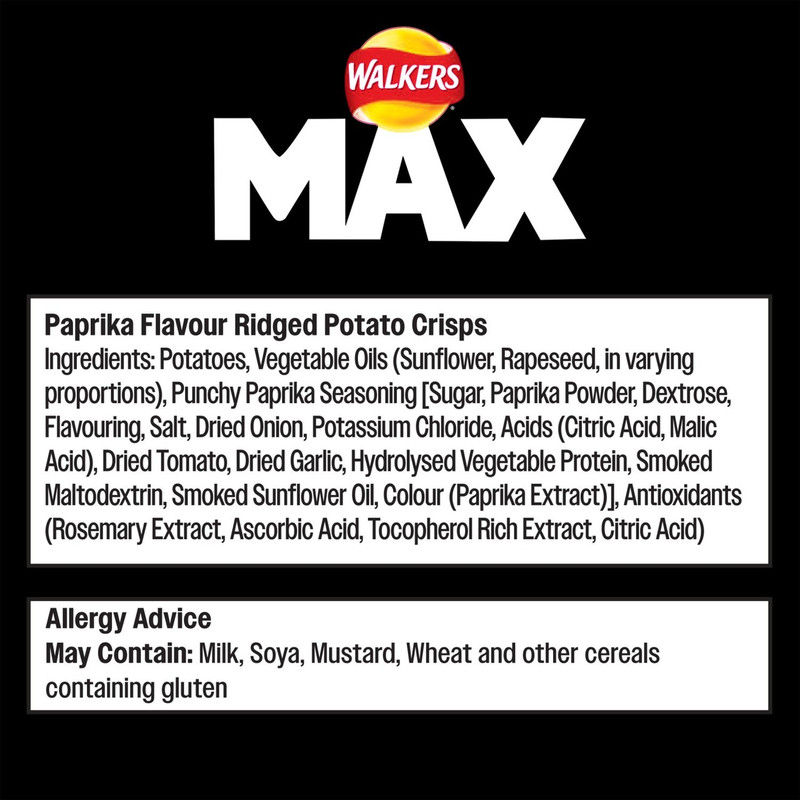 Walkers Max Punchy Paprika Crisps, 140g, pack shot 4, available at crisps.biz