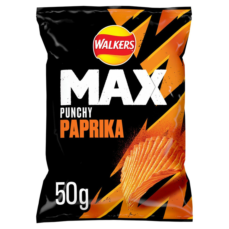 Walkers Max Punchy Paprika Crisps, 50g, front of pack, available at crisps.biz