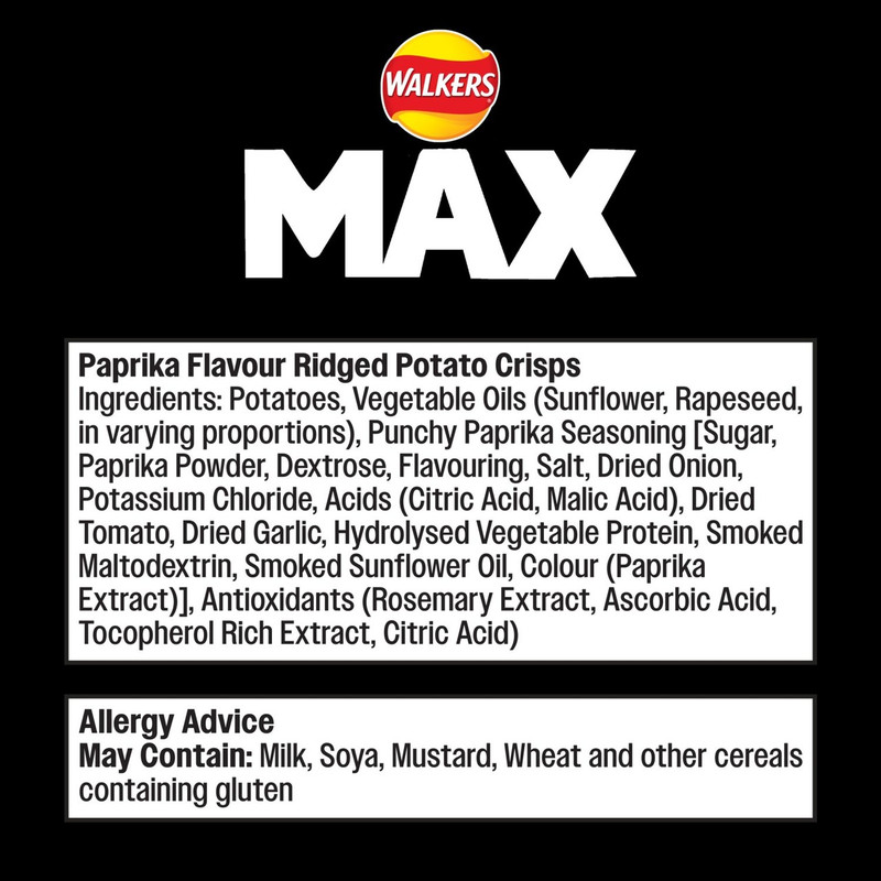 Walkers Max Punchy Paprika Crisps, 50g, pack shot 3, available at crisps.biz