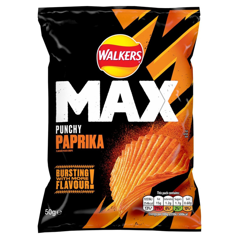 Walkers Max Punchy Paprika Crisps, 50g, pack shot 5, available at crisps.biz