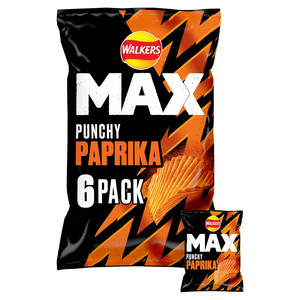 Walkers Max Punchy Paprika Crisps, 6 x 27g, front of pack, available at crisps.biz