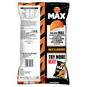 Walkers Max Punchy Paprika Crisps, 6 x 27g, pack shot 2, available at crisps.biz
