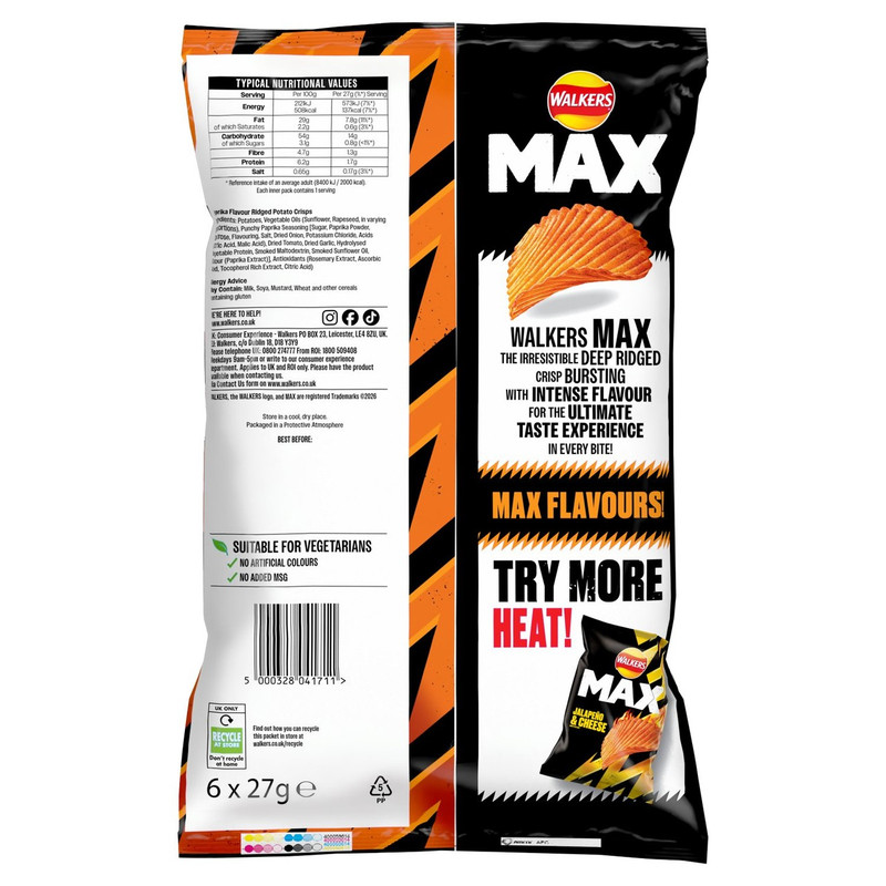 Walkers Max Punchy Paprika Crisps, 6 x 27g, pack shot 2, available at crisps.biz