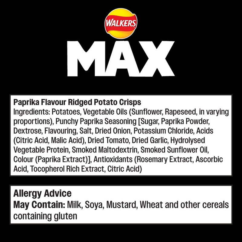Walkers Max Punchy Paprika Crisps, 6 x 27g, pack shot 4, available at crisps.biz