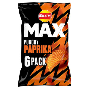 Walkers Max Punchy Paprika Crisps, 6 x 27g, pack shot 5, available at crisps.biz