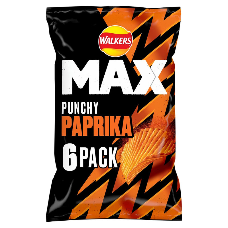 Walkers Max Punchy Paprika Crisps, 6 x 27g, pack shot 5, available at crisps.biz