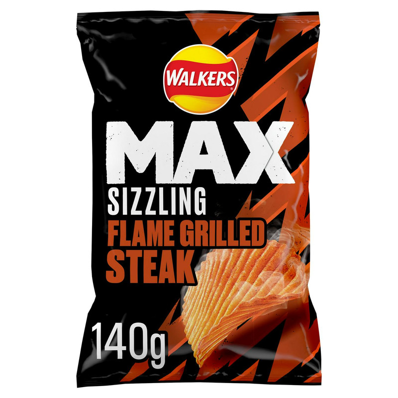 Walkers Max Sizzling Flame Grilled Steak Crisps, 140g, front of pack, available at crisps.biz