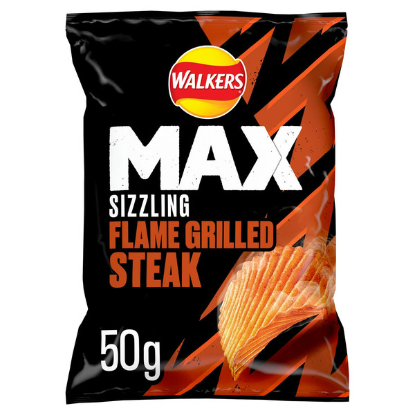 Walkers Max Sizzling Flame Grilled Steak Crisps, 50g, front of pack, available at crisps.biz