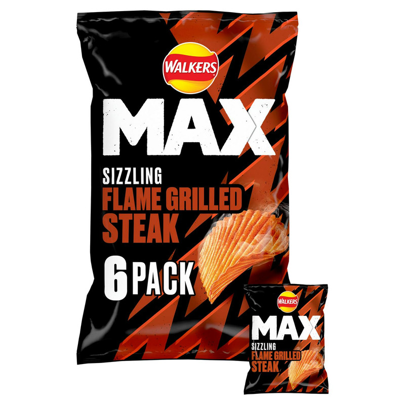 Walkers Max Sizzling Flame Grilled Steak Crisps, 6 x 27g, front of pack, available at crisps.biz