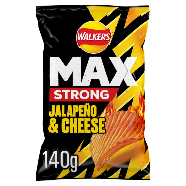 Walkers Max Strong Jalapeño and Cheese Crisps, 140g, front of pack, available at crisps.biz