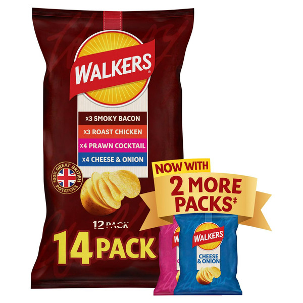 Walkers Meaty Variety Crisps, 14 x 25g, front of pack, available at crisps.biz