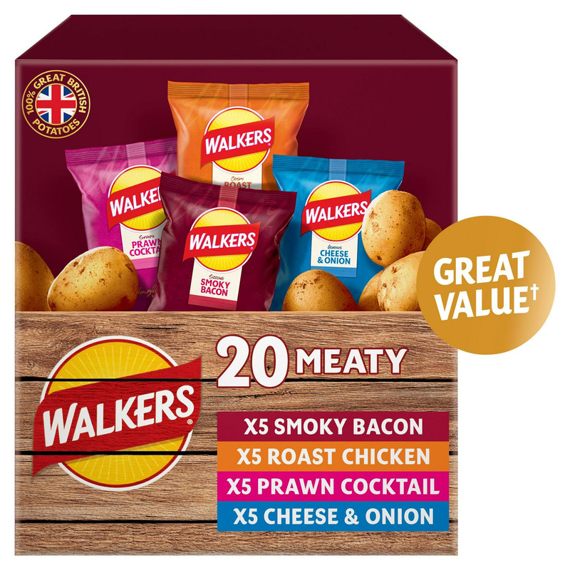 Walkers Meaty Variety Crisps, 20 x 25g, front of pack, available at crisps.biz