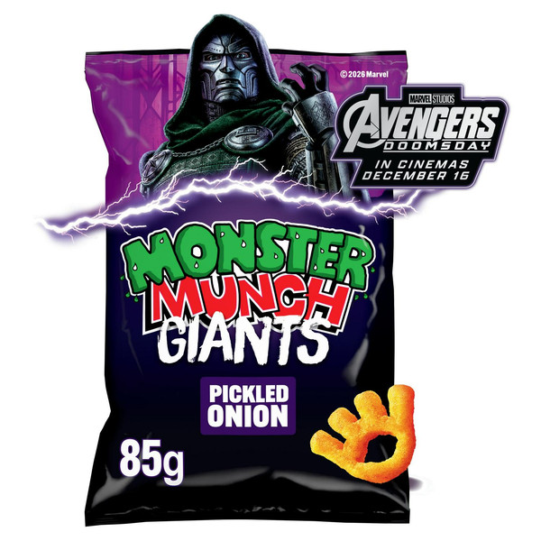 Walkers Monster Munch Giants Pickled Onion Snacks, 85g, front of pack, available at crisps.biz