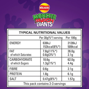 Walkers Monster Munch Giants Pickled Onion Snacks, 85g, pack shot 2, available at crisps.biz