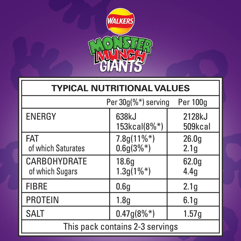 Walkers Monster Munch Giants Pickled Onion Snacks, 85g, pack shot 2, available at crisps.biz