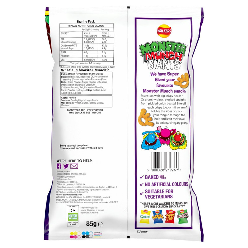Walkers Monster Munch Giants Pickled Onion Snacks, 85g, pack shot 4, available at crisps.biz
