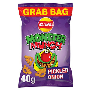 Walkers Monster Munch Pickled Onion Snacks, 40g, front of pack, available at crisps.biz