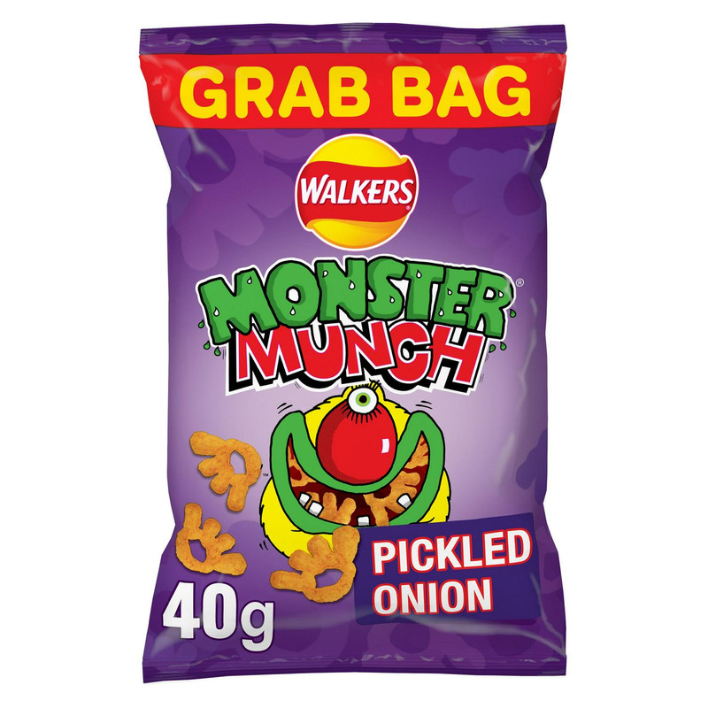 Walkers Monster Munch Pickled Onion Snacks, 40g, front of pack, available at crisps.biz