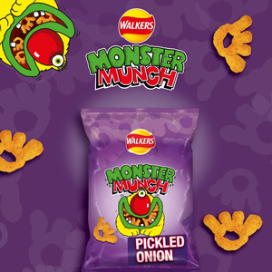 Walkers Monster Munch Pickled Onion Snacks, 40g, pack shot 2, available at crisps.biz