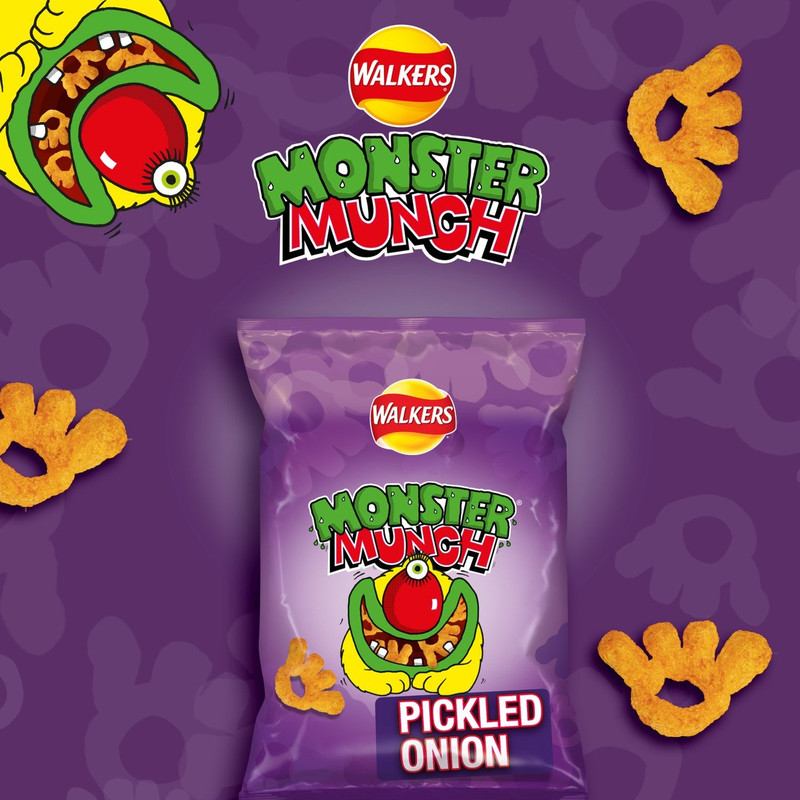Walkers Monster Munch Pickled Onion Snacks, 40g, pack shot 2, available at crisps.biz
