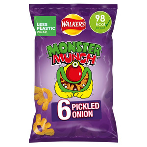 Walkers Monster Munch Pickled Onion Snacks, 6 x 20g, front of pack, available at crisps.biz