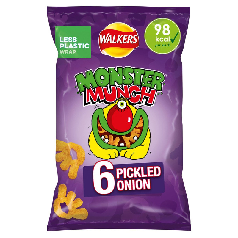 Walkers Monster Munch Pickled Onion Snacks, 6 x 20g, front of pack, available at crisps.biz