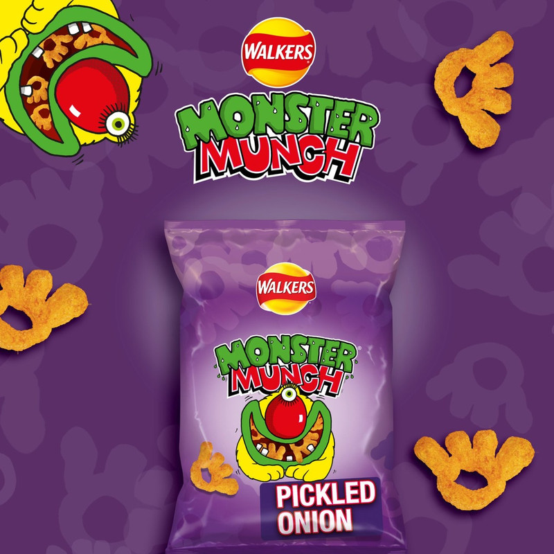 Walkers Monster Munch Pickled Onion Snacks, 6 x 20g, pack shot 2, available at crisps.biz