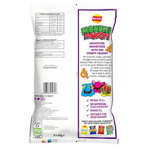 Walkers Monster Munch Pickled Onion Snacks, 6 x 20g, pack shot 3, available at crisps.biz