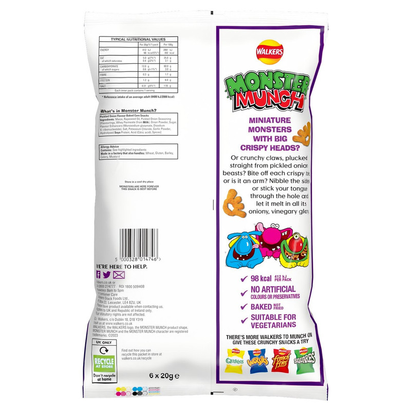Walkers Monster Munch Pickled Onion Snacks, 6 x 20g, pack shot 3, available at crisps.biz