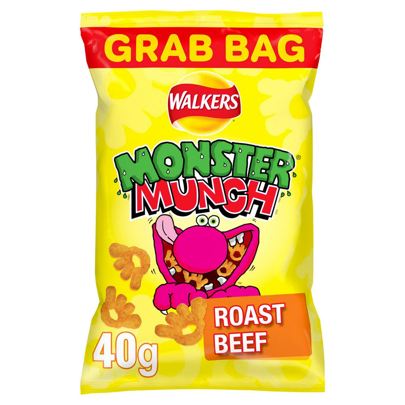 Walkers Monster Munch Roast Beef Snacks, 40g, front of pack, available at crisps.biz