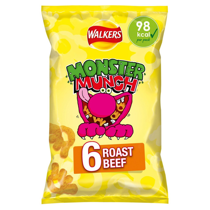 Walkers Monster Munch Roast Beef Snacks, 6 x 20g, front of pack, available at crisps.biz