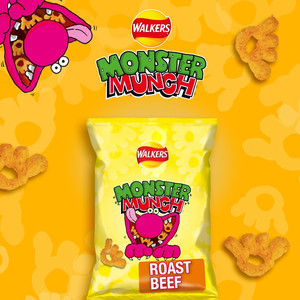 Walkers Monster Munch Roast Beef Snacks, 6 x 20g, pack shot 2, available at crisps.biz