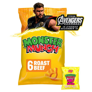 Walkers Monster Munch Roast Beef Snacks, 6 x 20g, pack shot 4, available at crisps.biz