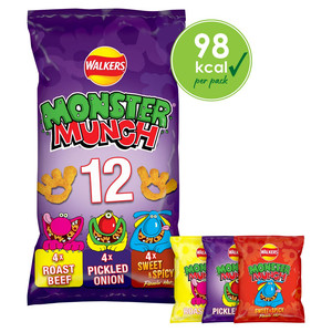 Walkers Monster Munch Variety Snacks, 12 x 20g, front of pack, available at crisps.biz
