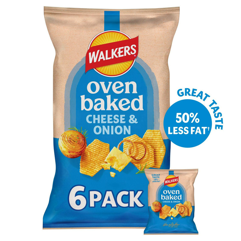 Walkers Oven Baked Cheese and Onion Crisps, 6 x 22g, front of pack, available at crisps.biz