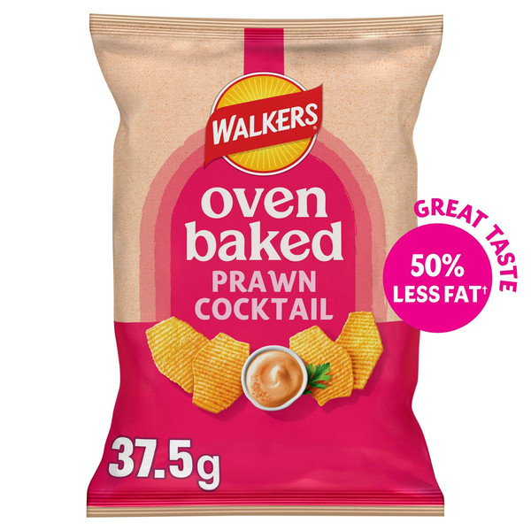 Walkers Oven Baked Prawn Cocktail Crisps, 37.5g, front of pack, available at crisps.biz