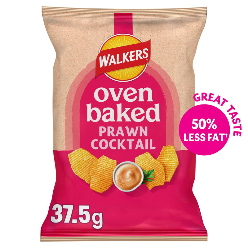 Walkers Oven Baked Prawn Cocktail Crisps, 37.5g, front of pack, available at crisps.biz