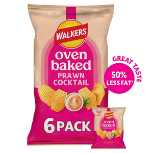 Walkers Oven Baked Prawn Cocktail Crisps, 6 x 22g, front of pack, available at crisps.biz