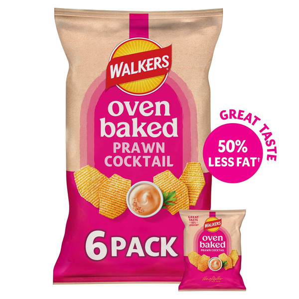 Walkers Oven Baked Prawn Cocktail Crisps, 6 x 22g, front of pack, available at crisps.biz
