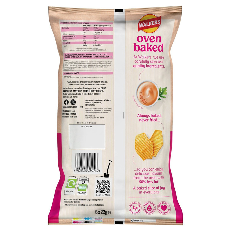 Walkers Oven Baked Prawn Cocktail Crisps, 6 x 22g, pack shot 2, available at crisps.biz