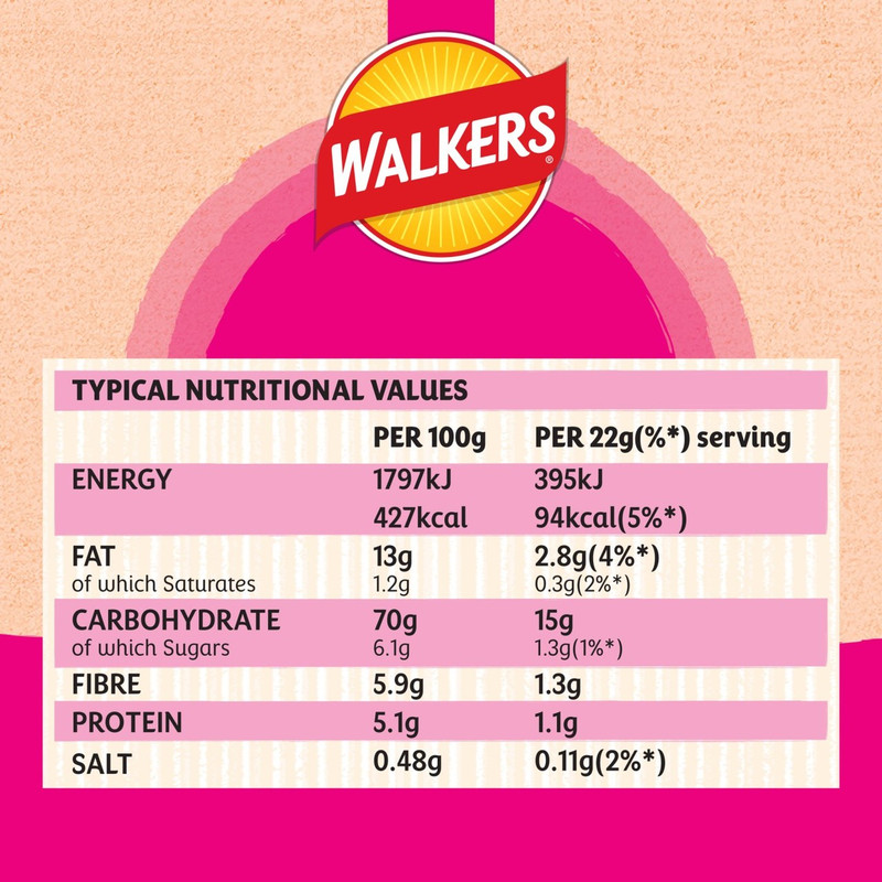 Walkers Oven Baked Prawn Cocktail Crisps, 6 x 22g, pack shot 3, available at crisps.biz