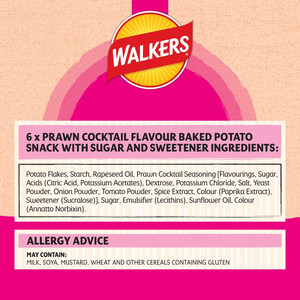 Walkers Oven Baked Prawn Cocktail Crisps, 6 x 22g, pack shot 4, available at crisps.biz